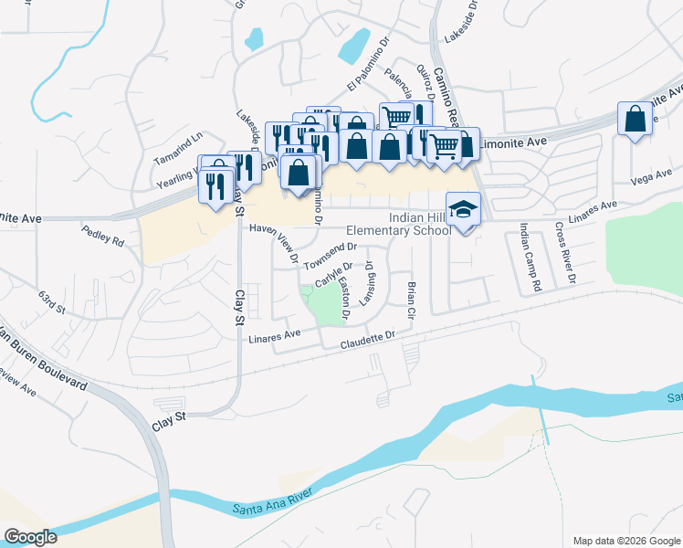 map of restaurants, bars, coffee shops, grocery stores, and more near 7978 Carlyle Drive in Riverside