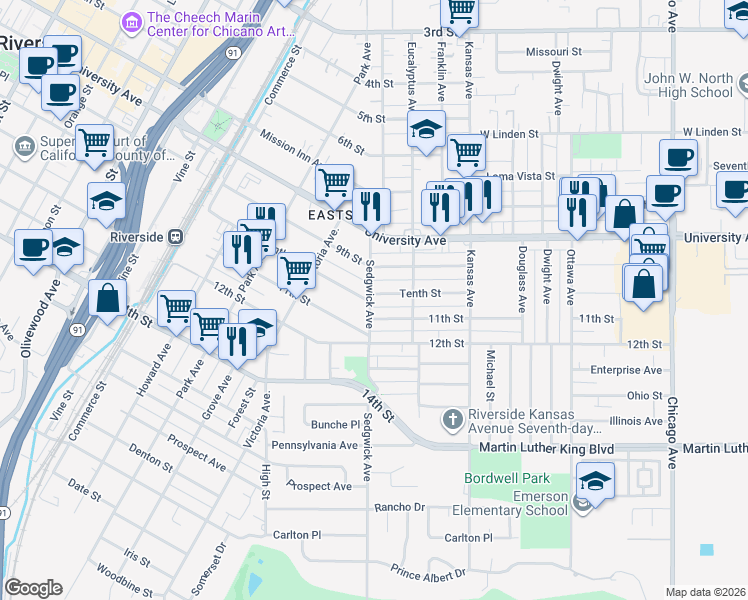 map of restaurants, bars, coffee shops, grocery stores, and more near 2394 Tenth Street in Riverside
