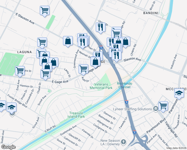 map of restaurants, bars, coffee shops, grocery stores, and more near 6317 Zindell Avenue in Commerce