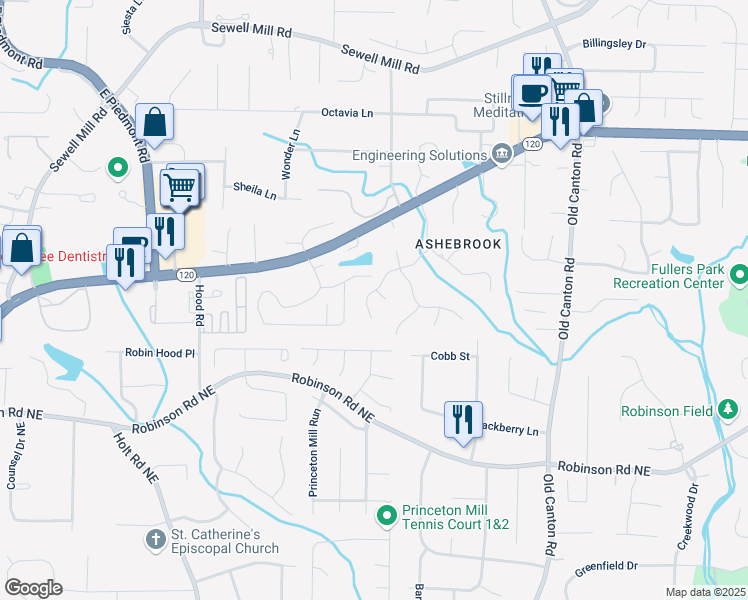 map of restaurants, bars, coffee shops, grocery stores, and more near 971 Ashebrooke Court Northeast in Marietta