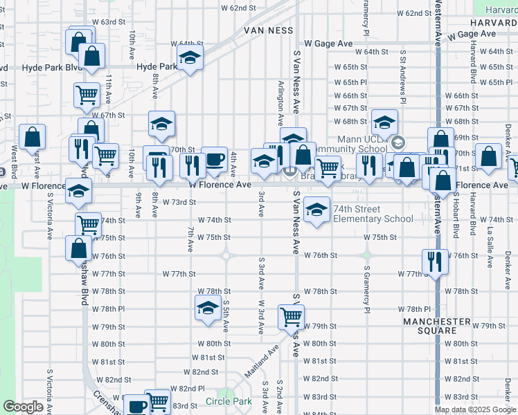 map of restaurants, bars, coffee shops, grocery stores, and more near 2400 W 73rd St in Los Angeles