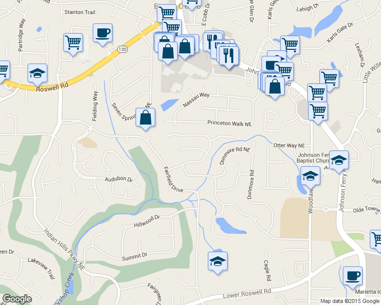 map of restaurants, bars, coffee shops, grocery stores, and more near 4344 Collingham Trace Northeast in Marietta