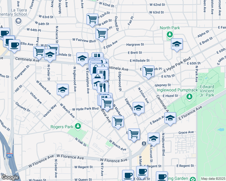map of restaurants, bars, coffee shops, grocery stores, and more near 802 North Market Street in Inglewood