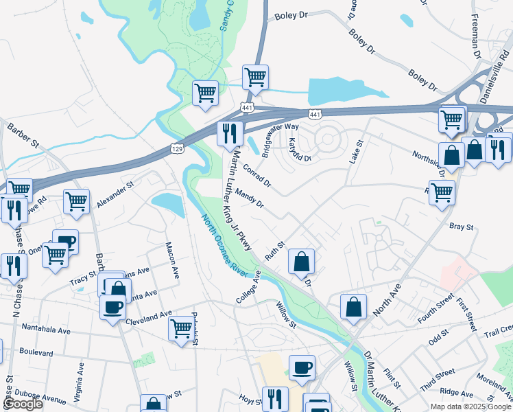 map of restaurants, bars, coffee shops, grocery stores, and more near 180 Mandy Drive in Athens