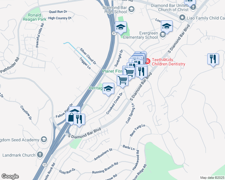 map of restaurants, bars, coffee shops, grocery stores, and more near 2917 Castlerock Road in Diamond Bar