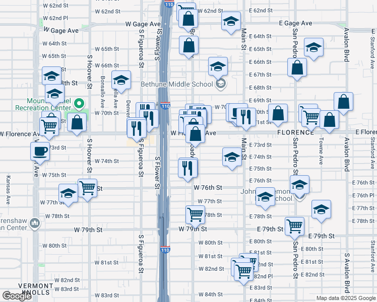 map of restaurants, bars, coffee shops, grocery stores, and more near 7300 South Broadway in Los Angeles