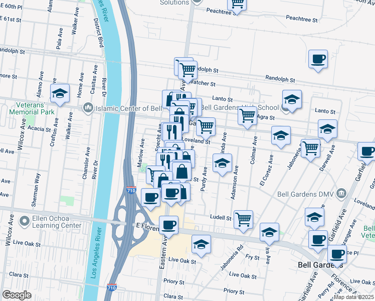 map of restaurants, bars, coffee shops, grocery stores, and more near 6525 Ajax Avenue in Bell Gardens