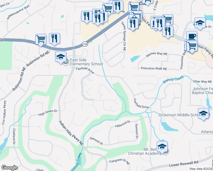 map of restaurants, bars, coffee shops, grocery stores, and more near 1003 Muirfield Drive Northeast in Marietta
