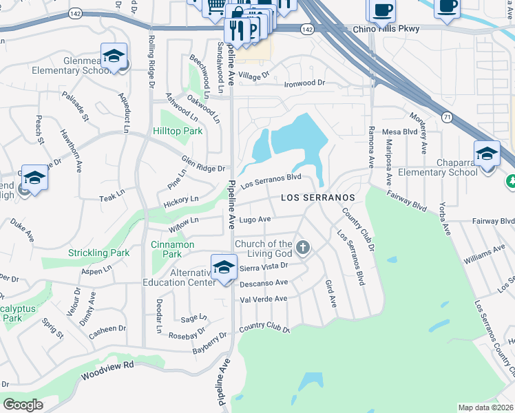 map of restaurants, bars, coffee shops, grocery stores, and more near 4169 El Molino Boulevard in Chino Hills