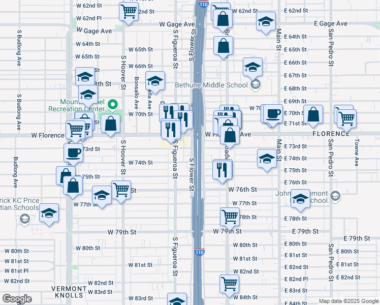 map of restaurants, bars, coffee shops, grocery stores, and more near 428 West 73rd Street in Los Angeles