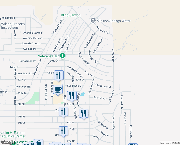map of restaurants, bars, coffee shops, grocery stores, and more near 66671 Cactus Drive in Desert Hot Springs