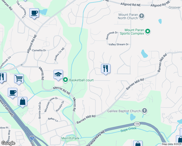 map of restaurants, bars, coffee shops, grocery stores, and more near 990 Soaring Drive Northeast in Marietta