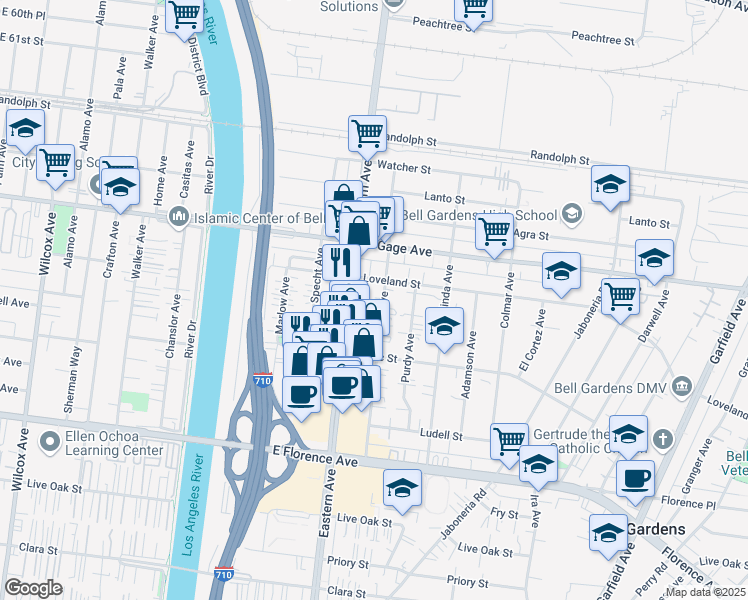 map of restaurants, bars, coffee shops, grocery stores, and more near Ajax Avenue in Bell Gardens