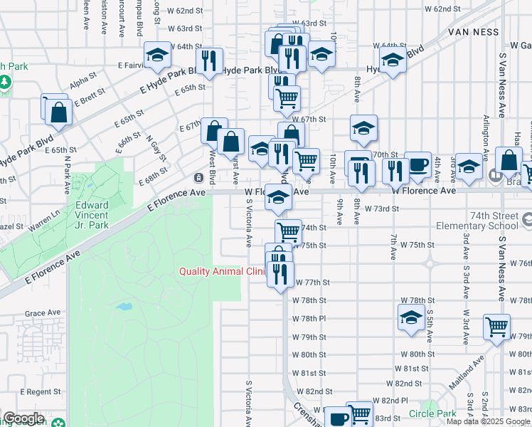 map of restaurants, bars, coffee shops, grocery stores, and more near 3430 West 73rd Street in Los Angeles