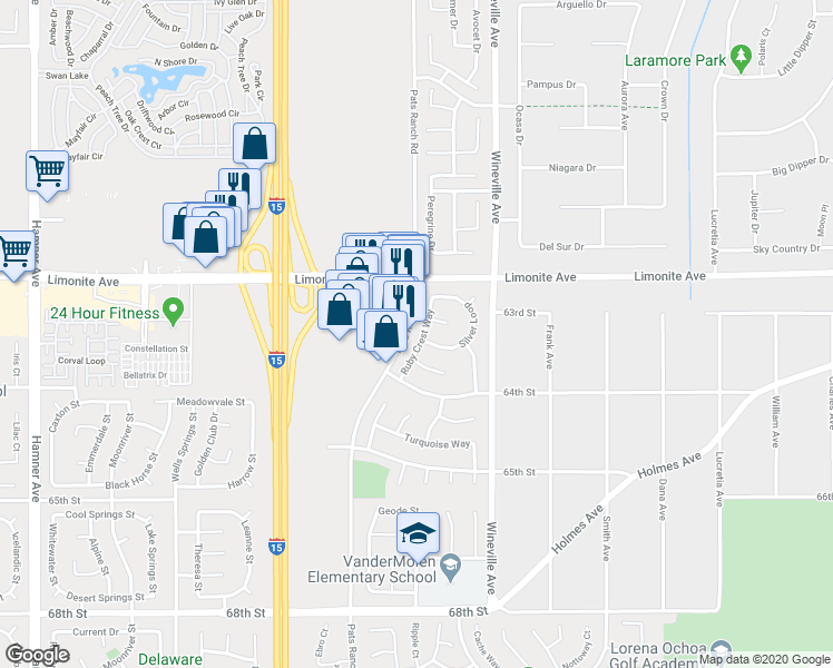 map of restaurants, bars, coffee shops, grocery stores, and more near 6291 Ruby Crest Way in Riverside County