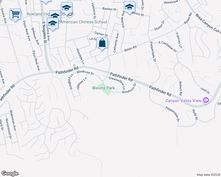 map of restaurants, bars, coffee shops, grocery stores, and more near 19445 Windrose Drive in Rowland Heights