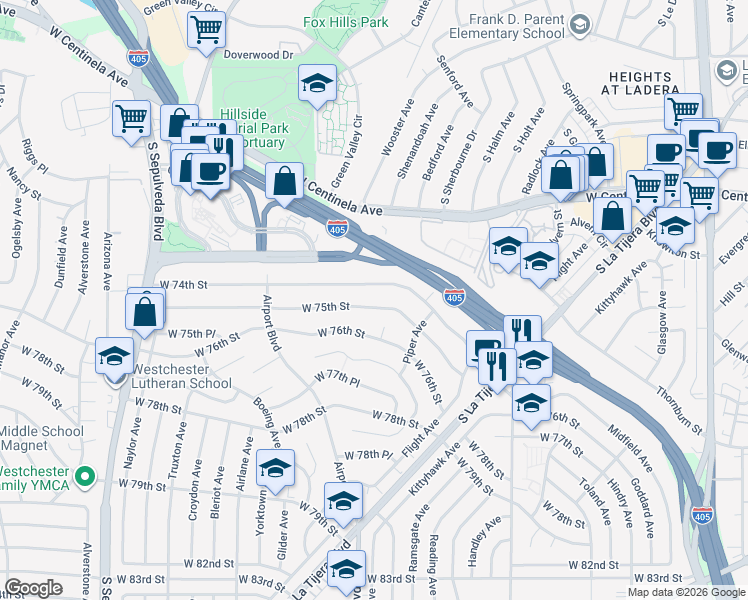 map of restaurants, bars, coffee shops, grocery stores, and more near 5857 West 75th Street in Los Angeles