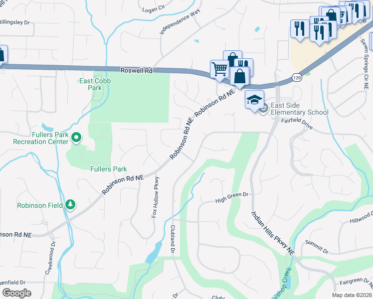 map of restaurants, bars, coffee shops, grocery stores, and more near 980 Clubland Way in Marietta