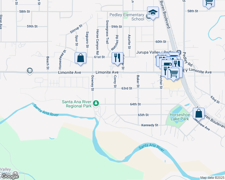 map of restaurants, bars, coffee shops, grocery stores, and more near 9266 63rd Street in Riverside