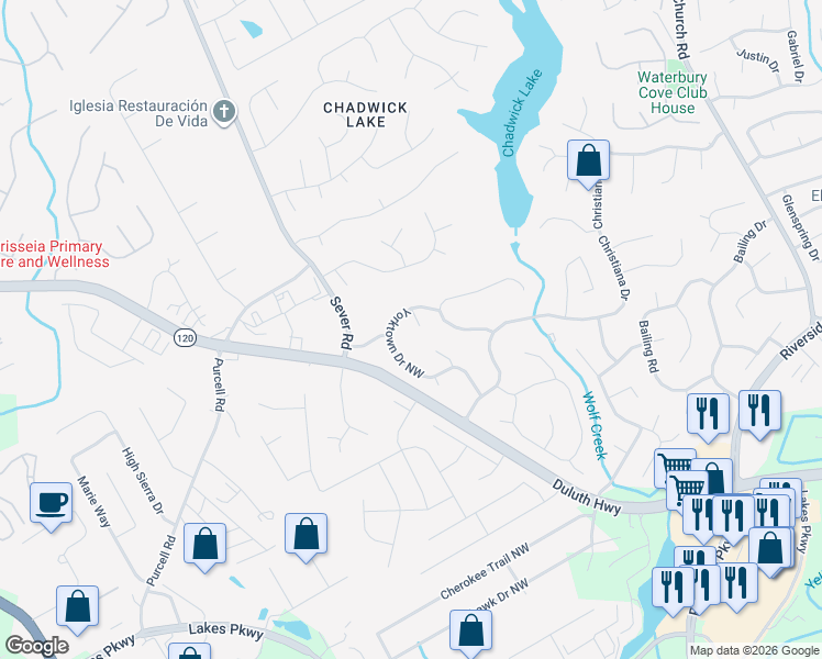 map of restaurants, bars, coffee shops, grocery stores, and more near 1385 Black Eagle Court in Lawrenceville