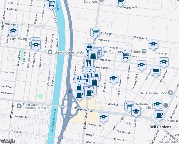 map of restaurants, bars, coffee shops, grocery stores, and more near 6529 Eastern Avenue in Bell Gardens