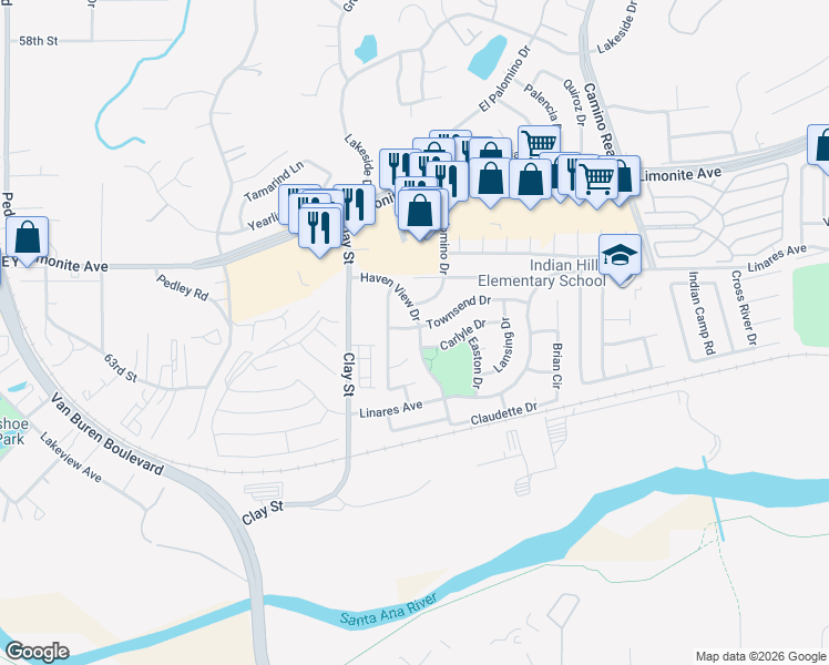 map of restaurants, bars, coffee shops, grocery stores, and more near 8072 Townsend Drive in Riverside