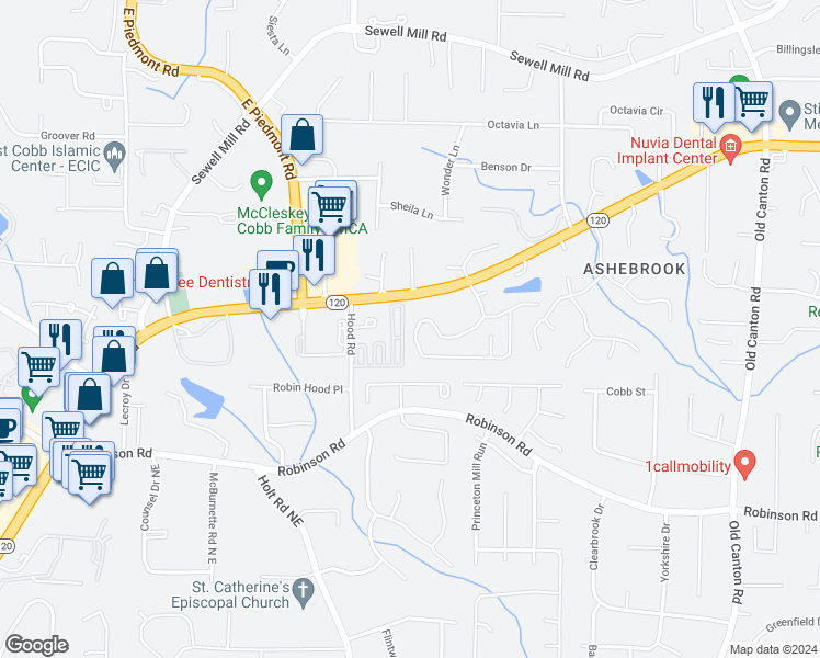 map of restaurants, bars, coffee shops, grocery stores, and more near 965 Bridgegate Drive Northeast in Marietta