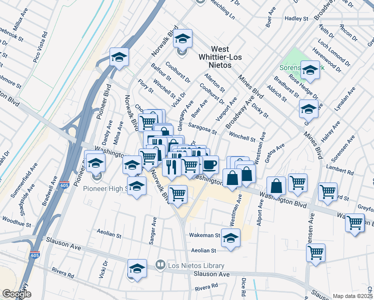map of restaurants, bars, coffee shops, grocery stores, and more near 7819 Duchess Drive in Whittier