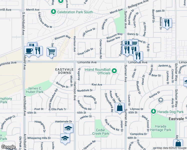 map of restaurants, bars, coffee shops, grocery stores, and more near 13707 Nectarine Avenue in Corona