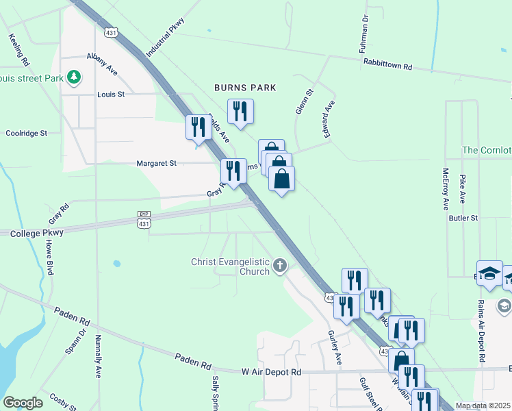 map of restaurants, bars, coffee shops, grocery stores, and more near 301 College Parkway in Gadsden