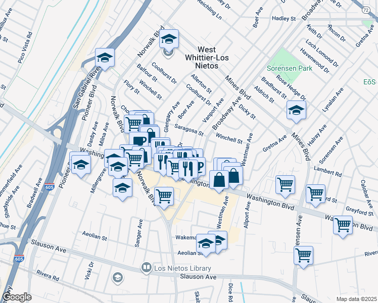 map of restaurants, bars, coffee shops, grocery stores, and more near 7811 Vanport Avenue in Whittier