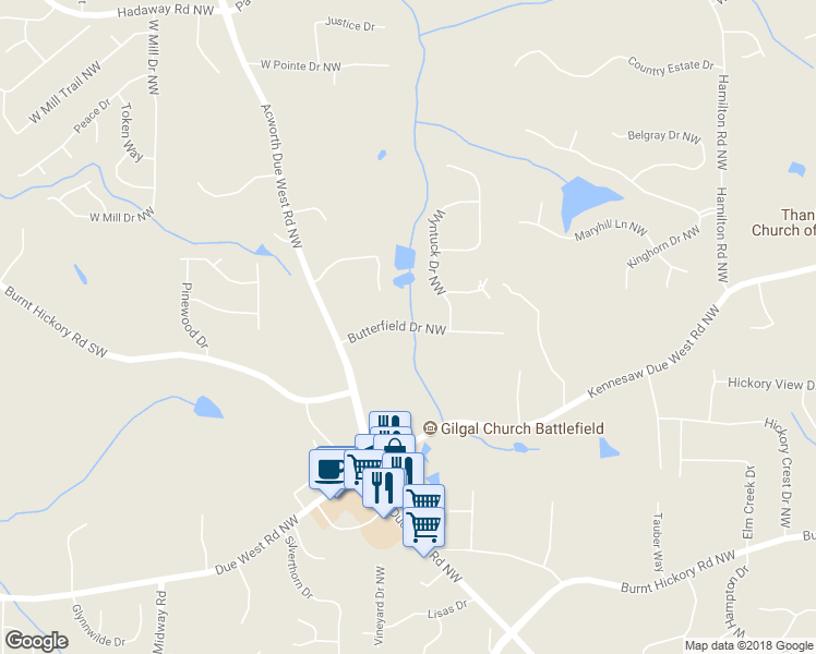 map of restaurants, bars, coffee shops, grocery stores, and more near 3901 Butterfield Drive Northwest in Kennesaw