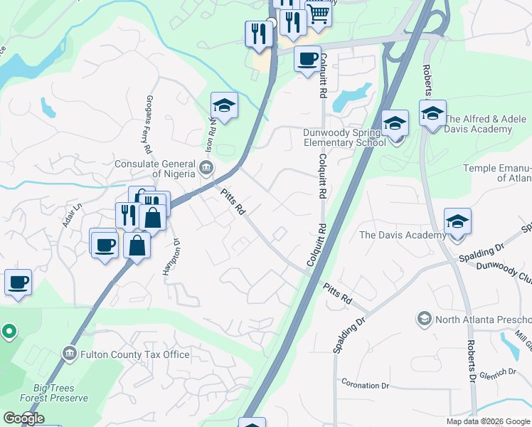map of restaurants, bars, coffee shops, grocery stores, and more near 325 Amador Circle Northeast in Atlanta