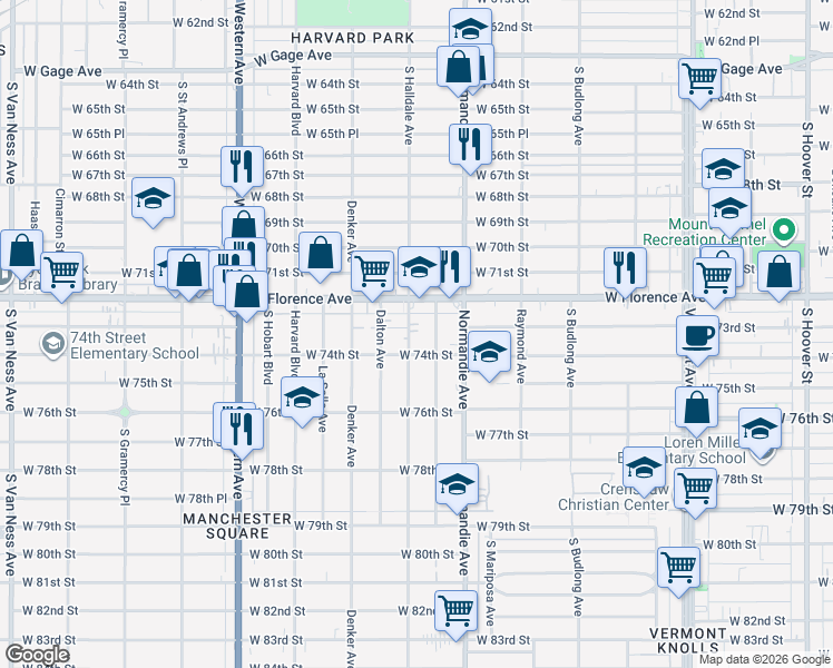 map of restaurants, bars, coffee shops, grocery stores, and more near 7306 South Halldale Avenue in Los Angeles