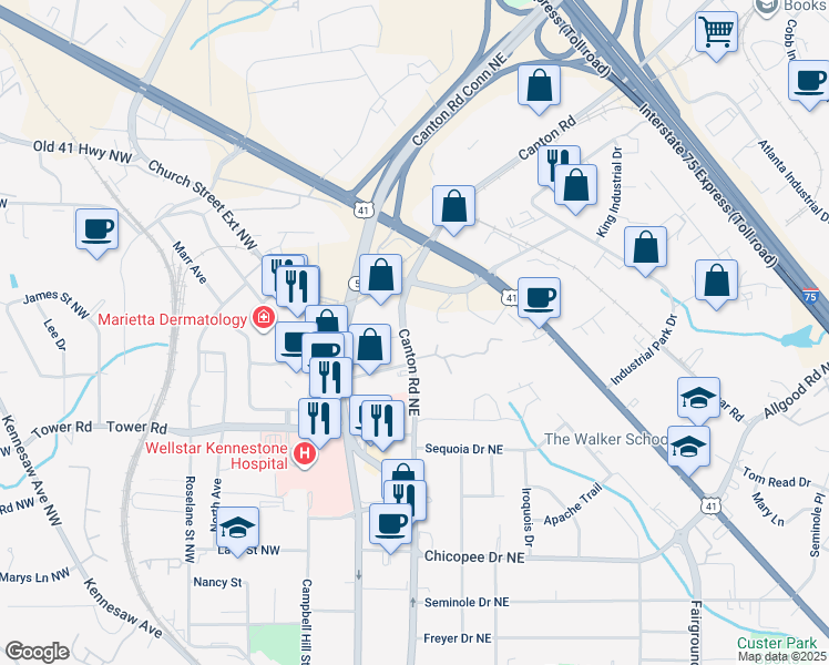 map of restaurants, bars, coffee shops, grocery stores, and more near 890 Canton Road Northeast in Marietta