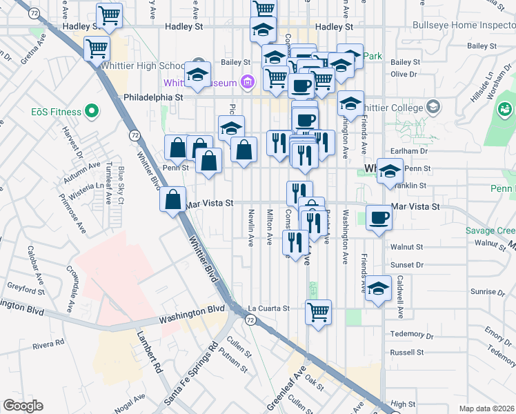map of restaurants, bars, coffee shops, grocery stores, and more near 12708 Mar Vista Street in Whittier