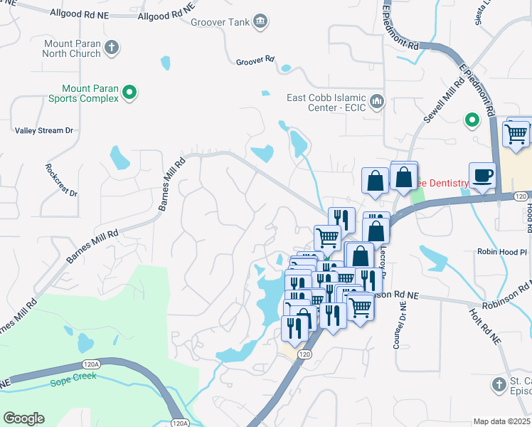map of restaurants, bars, coffee shops, grocery stores, and more near 2022 Ramblewood Ct NE in Marietta