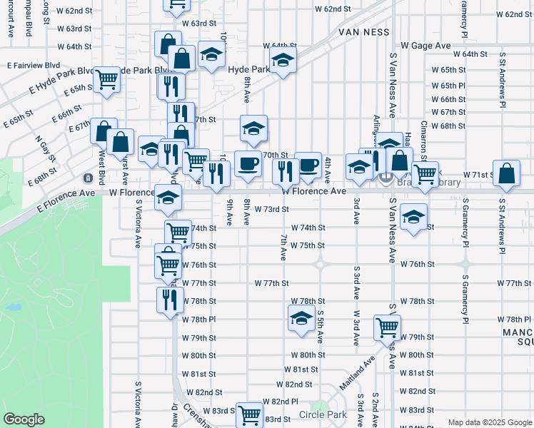 map of restaurants, bars, coffee shops, grocery stores, and more near 2926 West 73rd Street in Los Angeles