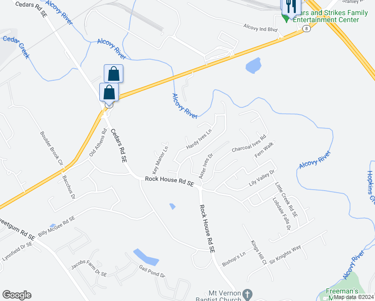 map of restaurants, bars, coffee shops, grocery stores, and more near 442 Hardy Ives Lane in Lawrenceville