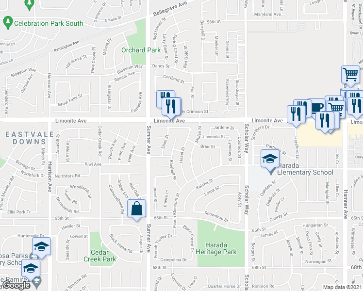 map of restaurants, bars, coffee shops, grocery stores, and more near 6293 Hazel Street in Corona