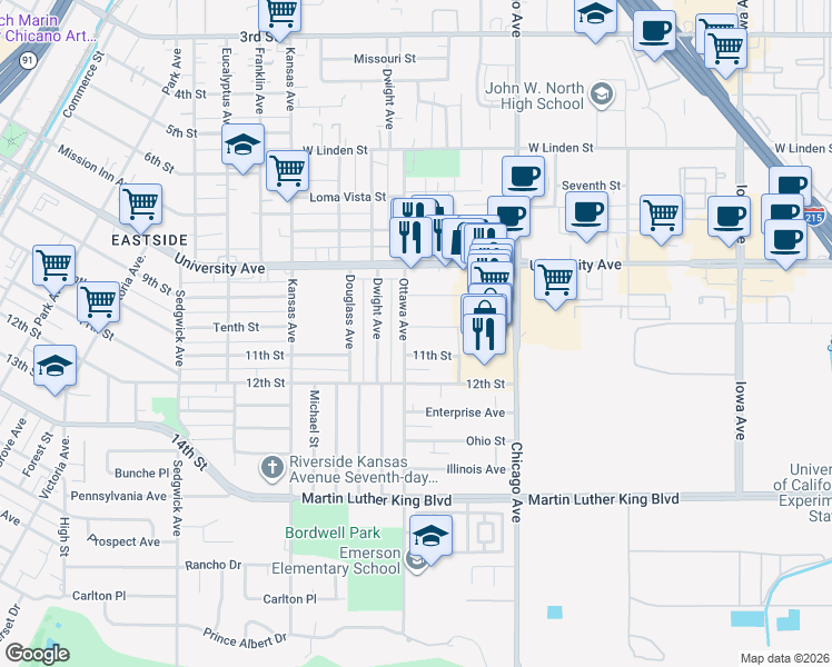 map of restaurants, bars, coffee shops, grocery stores, and more near 1886 Tenth Street in Riverside