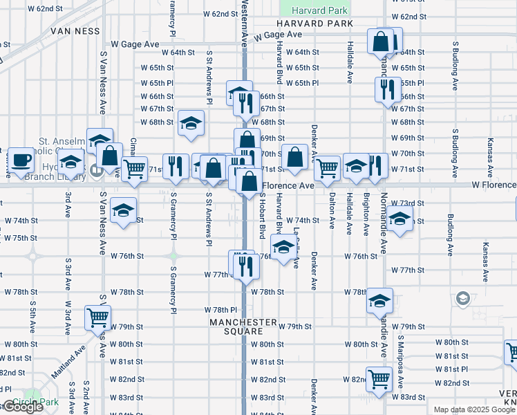 map of restaurants, bars, coffee shops, grocery stores, and more near 7307 South Hobart Boulevard in Los Angeles