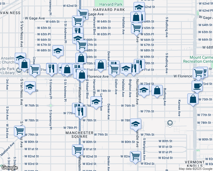 map of restaurants, bars, coffee shops, grocery stores, and more near 7307 S Denker Ave in Los Angeles