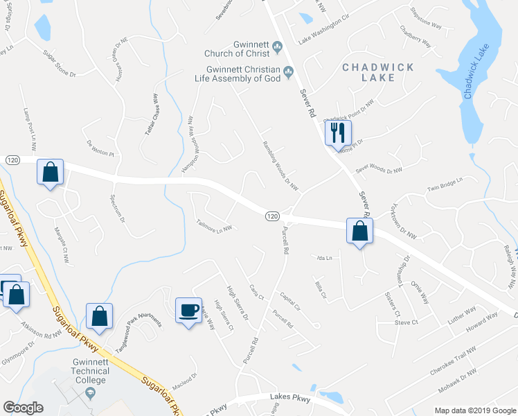 map of restaurants, bars, coffee shops, grocery stores, and more near 1501-1543 Duluth Highway in Lawrenceville
