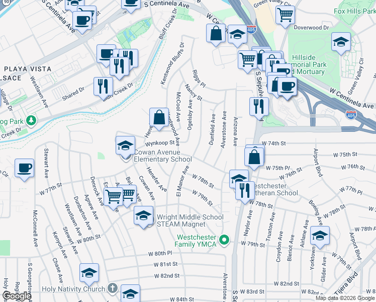 map of restaurants, bars, coffee shops, grocery stores, and more near 6413 West 77th Street in Los Angeles