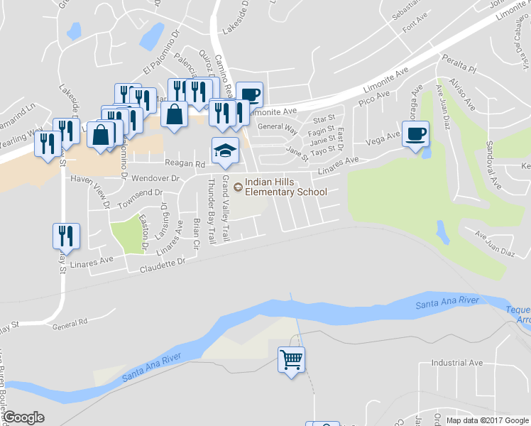 map of restaurants, bars, coffee shops, grocery stores, and more near 7597 High Prairie Trail in Riverside