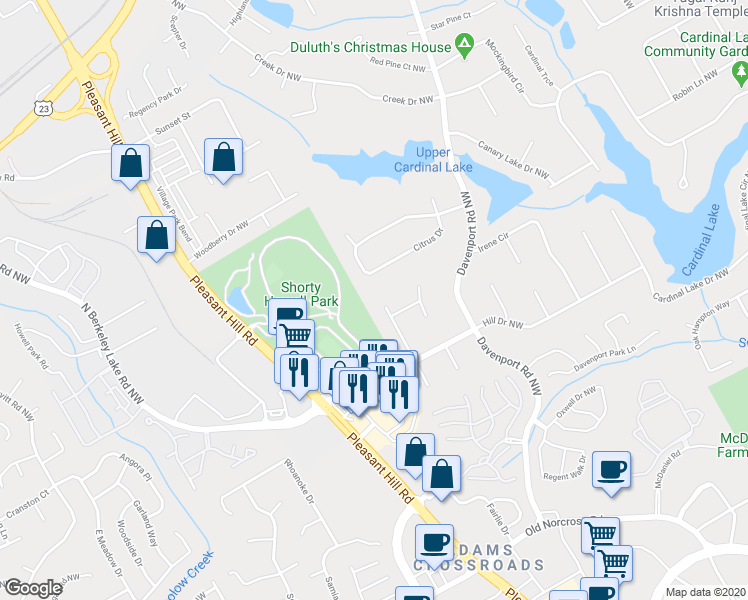 map of restaurants, bars, coffee shops, grocery stores, and more near 2689 Tina Court Northwest in Duluth