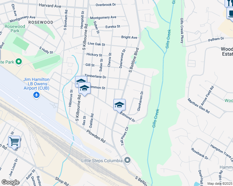 map of restaurants, bars, coffee shops, grocery stores, and more near 1312 Deerwood Street in Columbia