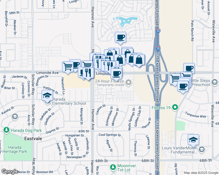 map of restaurants, bars, coffee shops, grocery stores, and more near 6302 Ancora Lane in Eastvale
