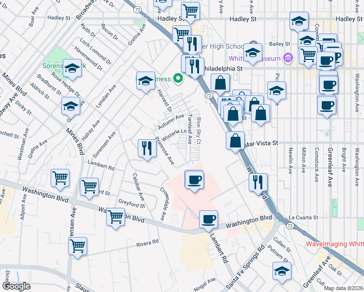map of restaurants, bars, coffee shops, grocery stores, and more near 12261 Fruitwood in Whittier